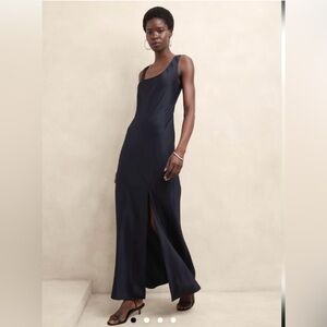 Banana Republic SILKY TWILL SLIT MAXI DRESS Size Small navy